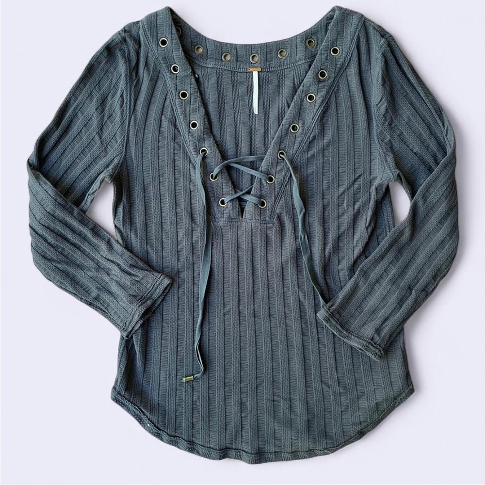 Free People Charcoal Grey Lace Up Top